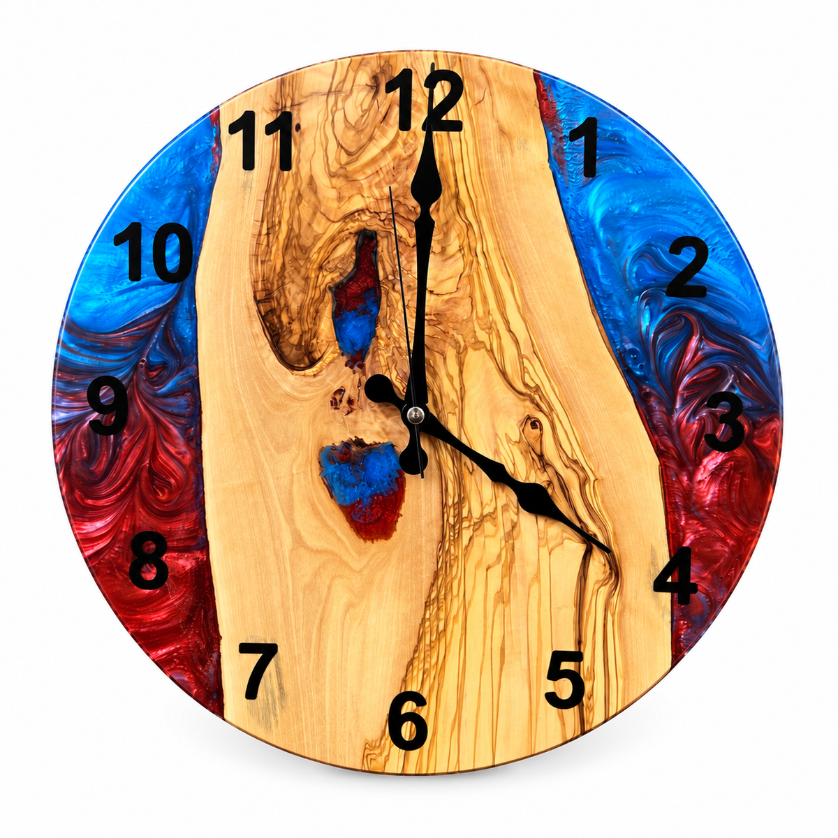 Crimson Inlet Olive Wood & Resin Wall Clock in blue and burgundy on a white background