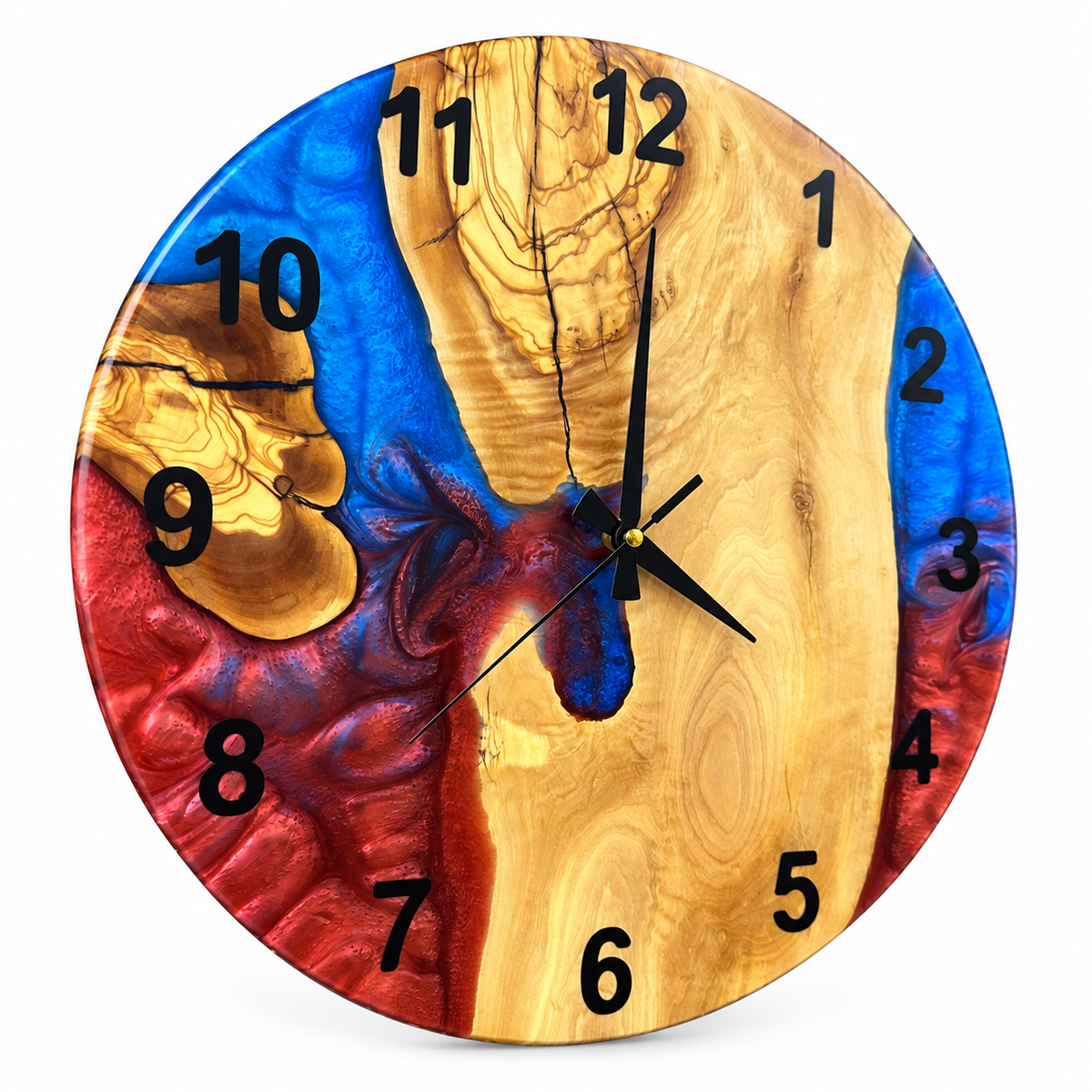 Crimson Lagoon Olive Wood & Resin Wall Clock in blue and burgundy on a white background