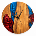 Crimson River Olive Wood & Resin Wall Clock in blue and burgundy on a white background