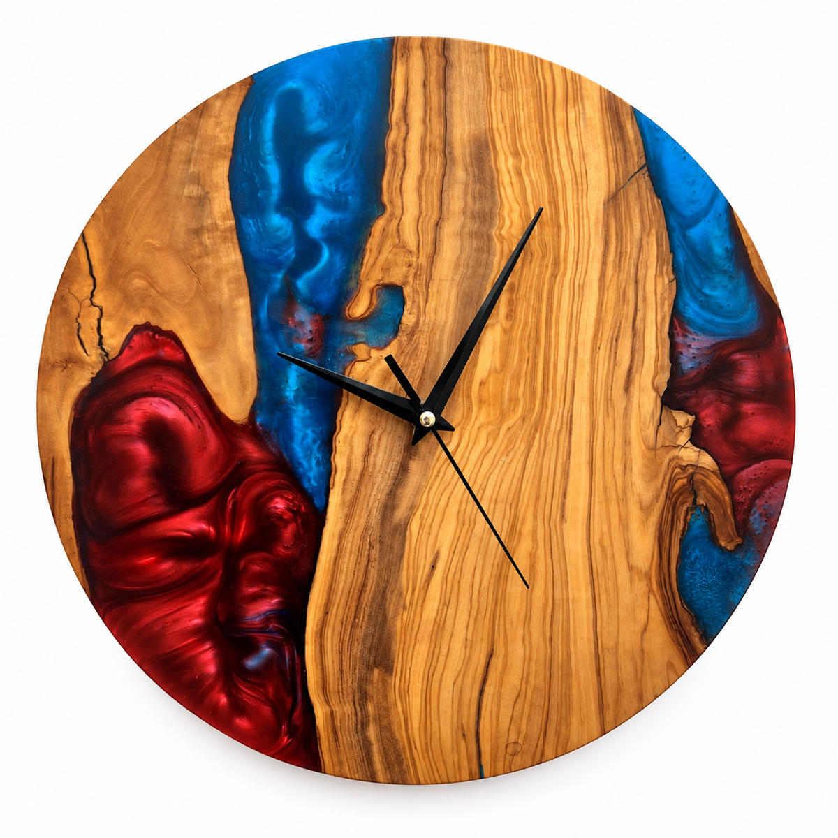 Crimson River Olive Wood & Resin Wall Clock in blue and burgundy on a white background