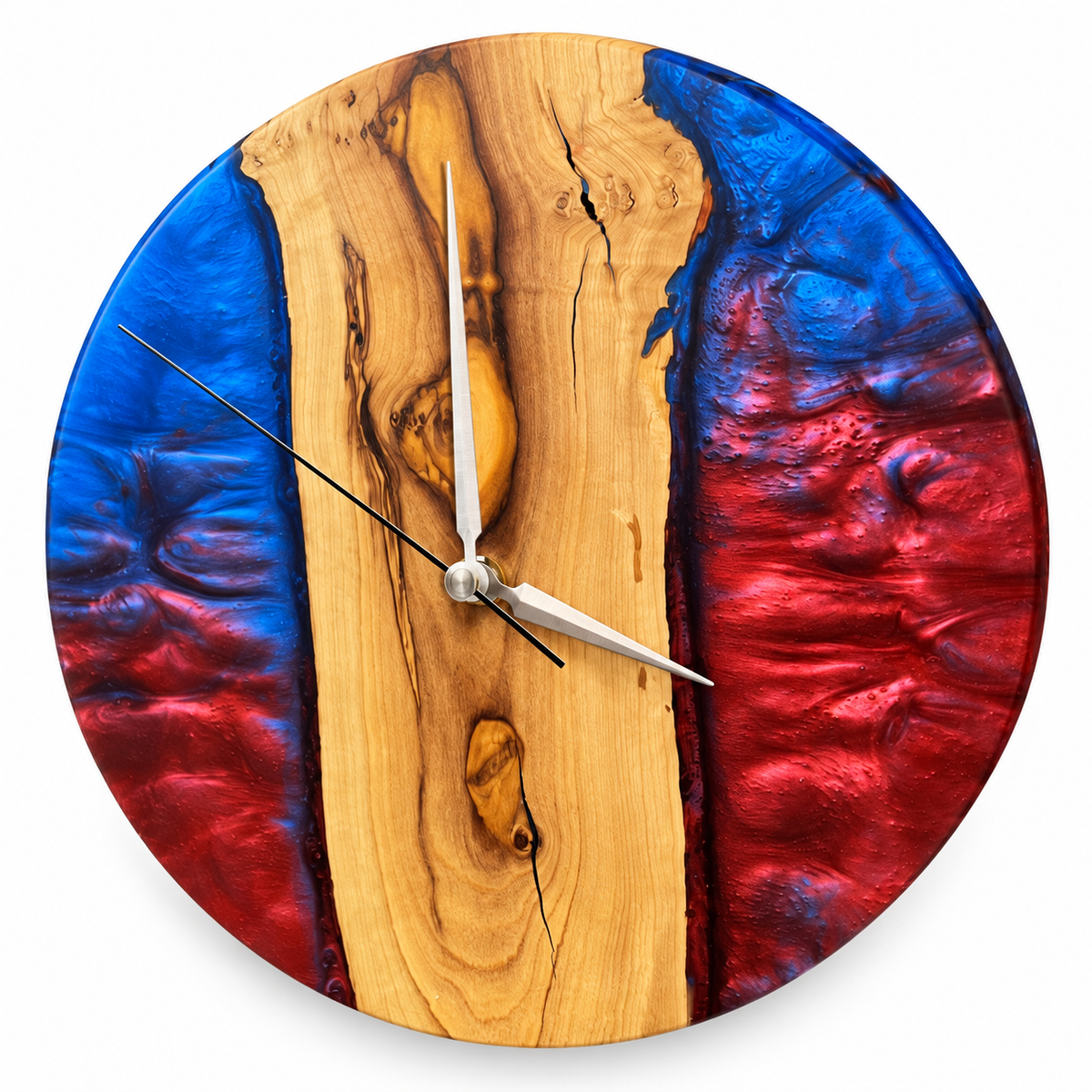 Crimson Shores Olive Wood & Resin Wall Clock - full front view on white