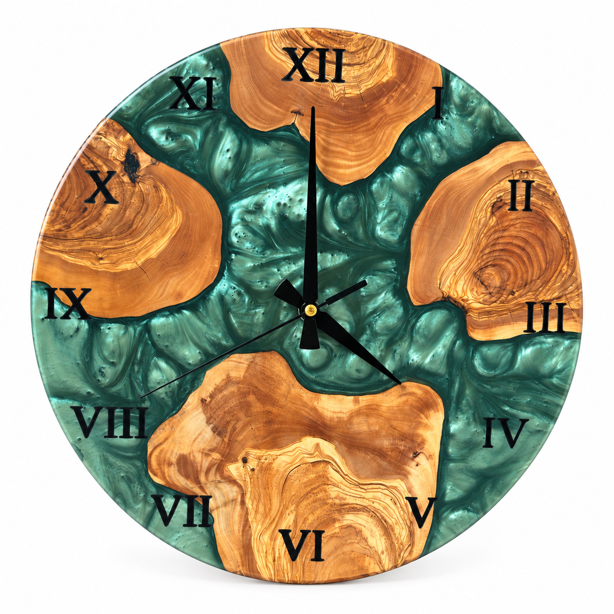 Emerald Archipelago Olive Wood & Resin Wall Clock in emerald green on a white background