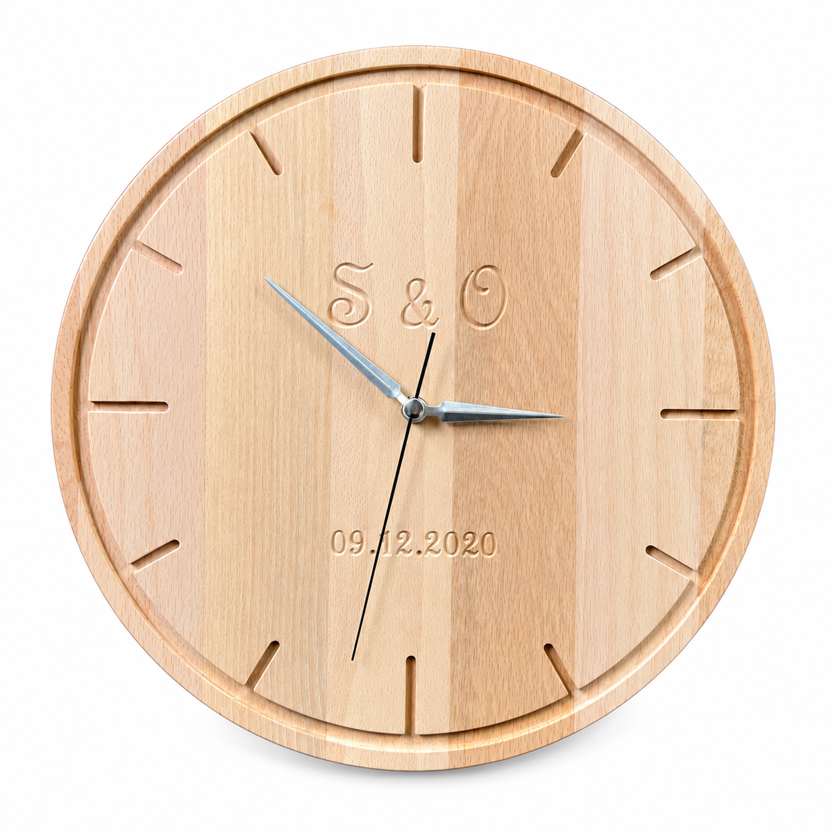Engraved Beech Wood Wall Clock - natural beech wood on white