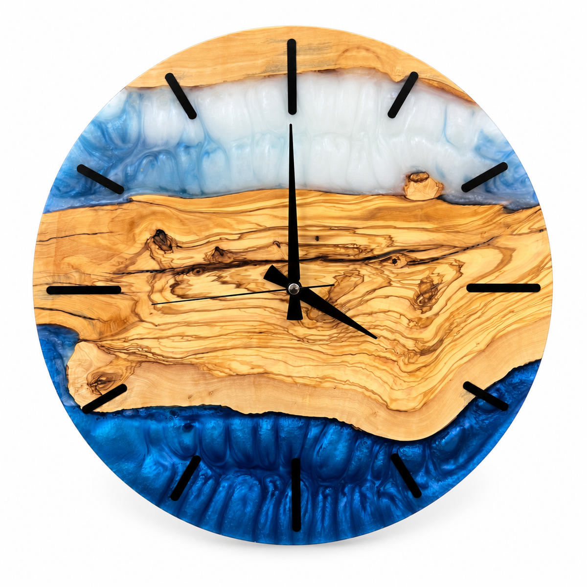 Golden Current Olive Wood & Resin Wall Clock in blue and pearly white on a white background