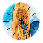 Icy Archipelago Olive Wood & Resin Wall Clock — full front view on white