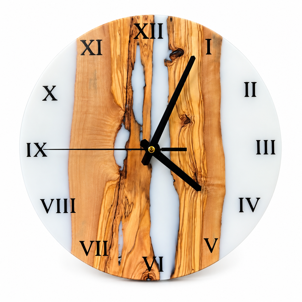 Ivory Canyon Olive Wood & Resin Wall Clock in white resin on a white background