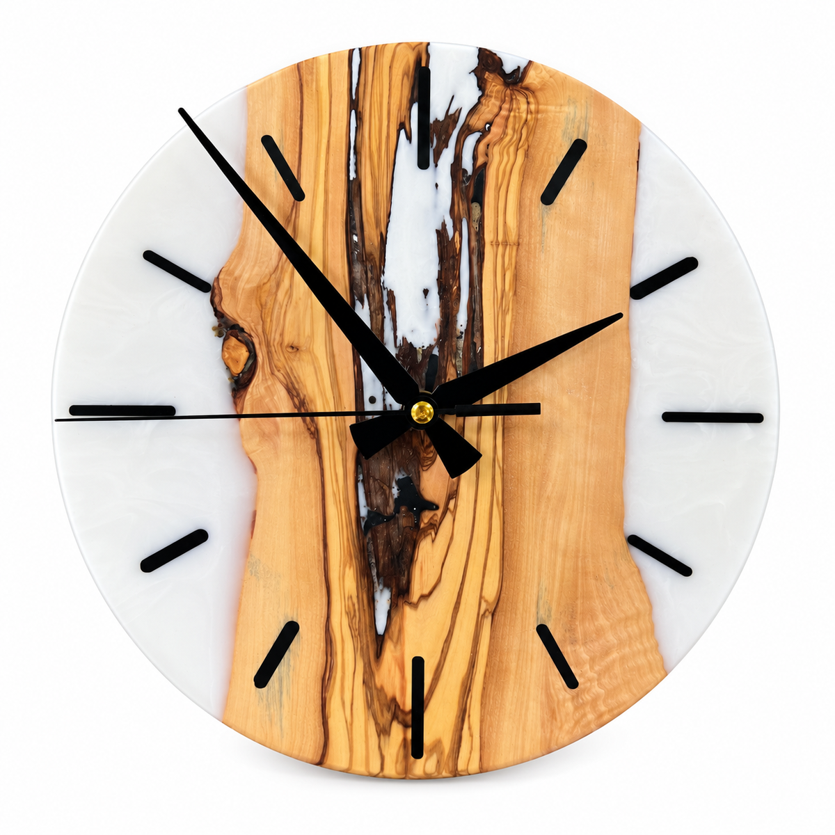Ivory Passage Olive Wood & Resin Wall Clock in white resin on a white background