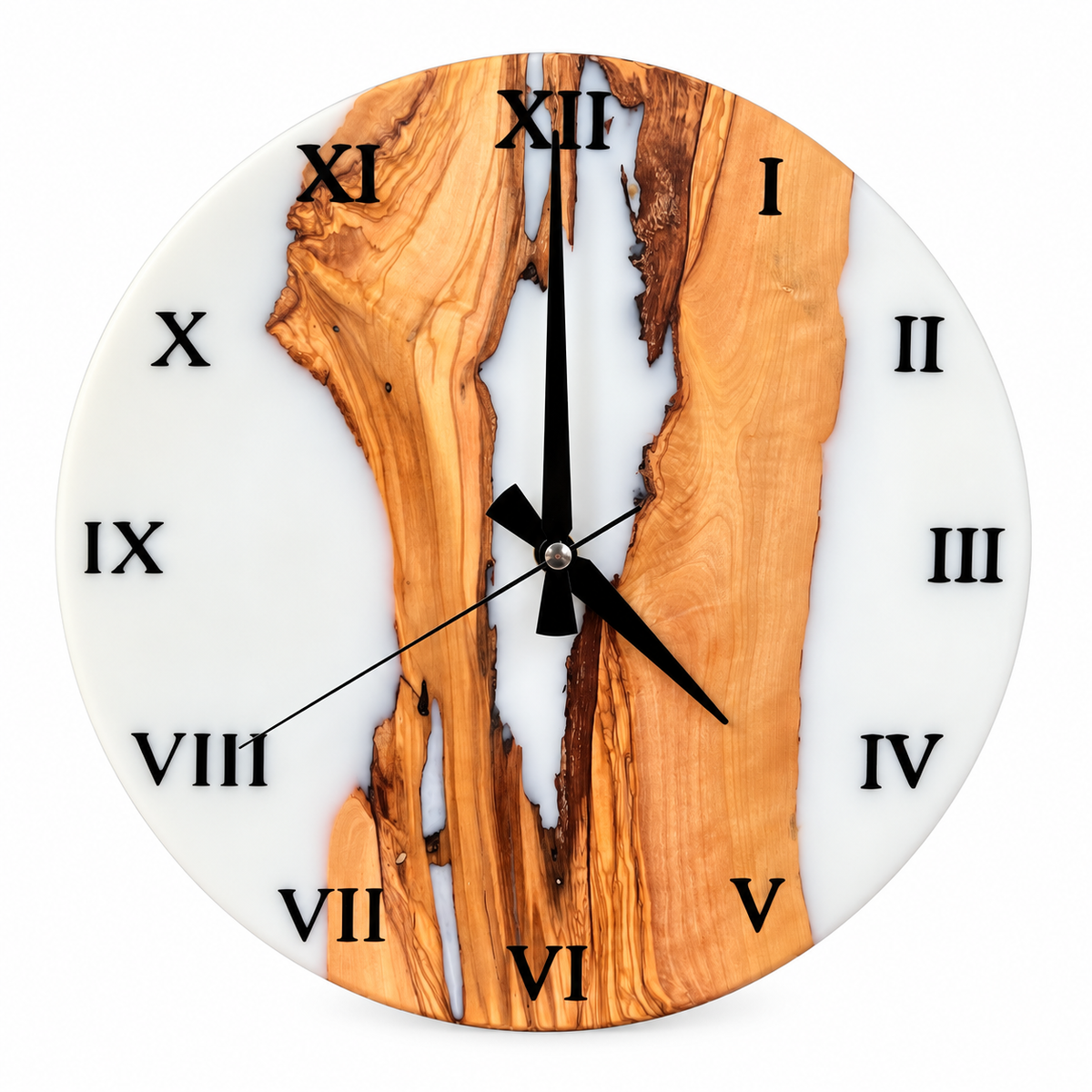 Ivory Tributary Olive Wood & Resin Wall Clock in white resin on a white background