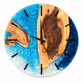 Knot Island Olive Wood & Resin Wall Clock in blue and white on a white background