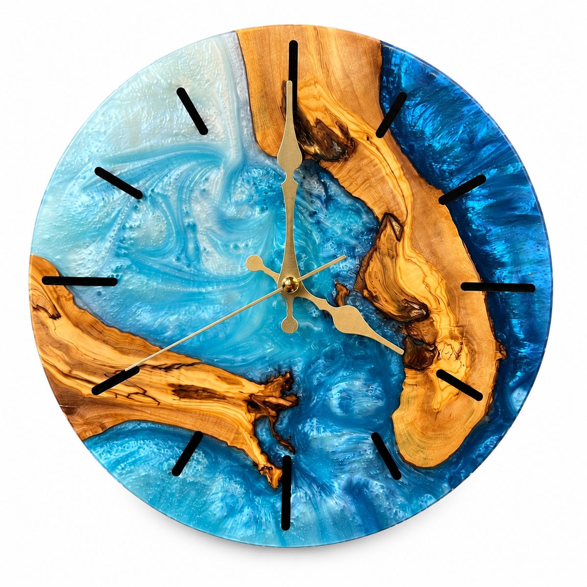 Lagoon Crescent Olive Wood & Resin Wall Clock in turquoise, navy and white on a white background