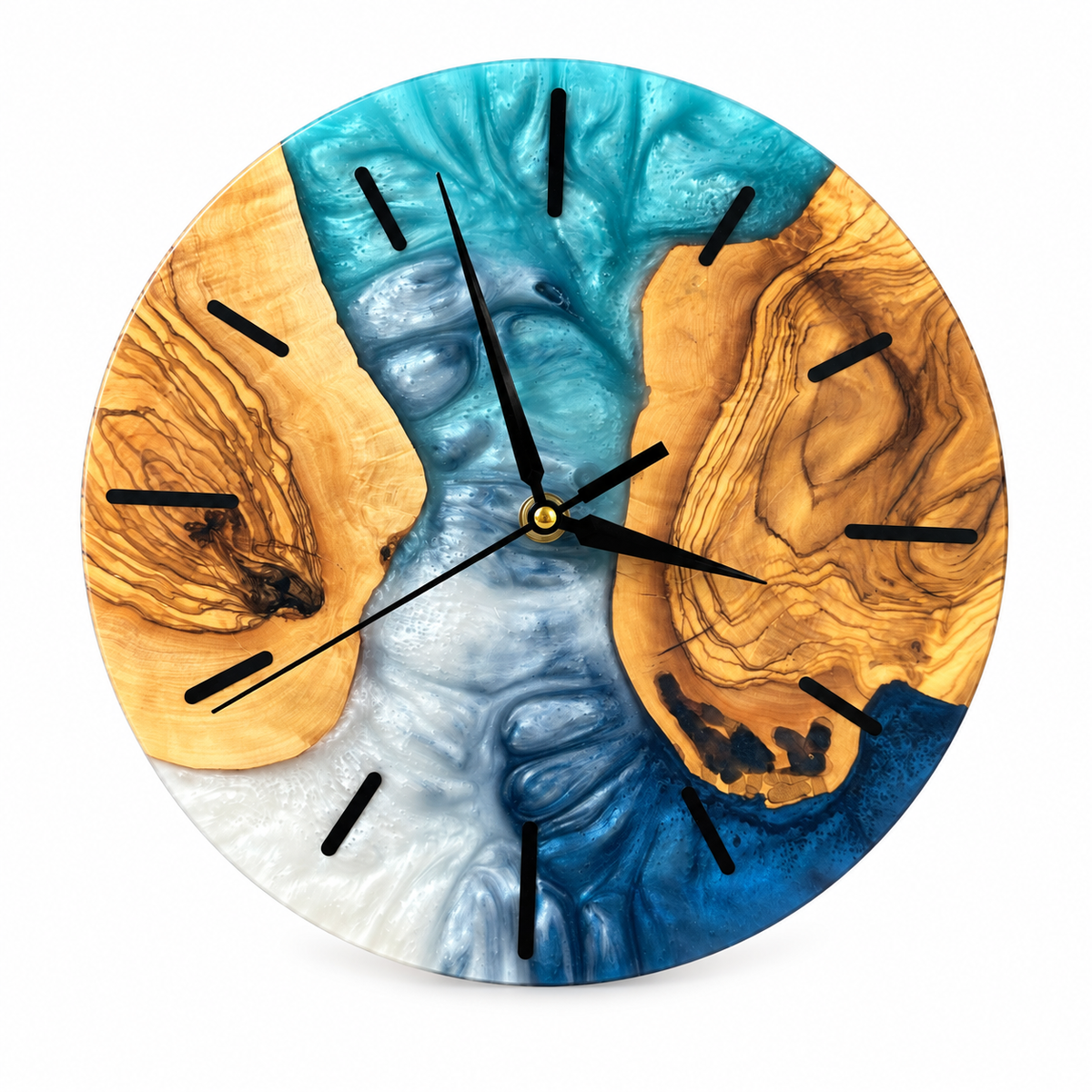 Lagoon Islands Olive Wood & Resin Wall Clock in turquoise, navy and white on a white background
