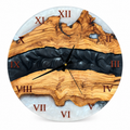 Midnight River Olive Wood & Resin Wall Clock in black and pearly white on a white background