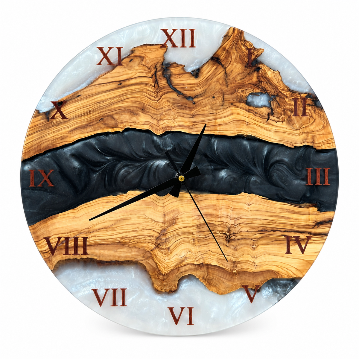Midnight River Olive Wood & Resin Wall Clock in black and pearly white on a white background