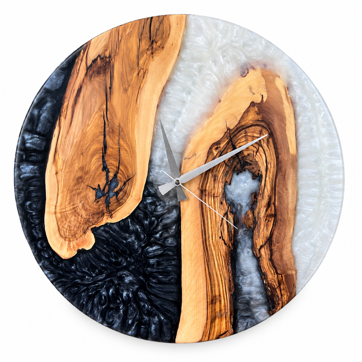 Monochrome Arch Olive Wood & Resin Wall Clock in black and pearly white on a white background