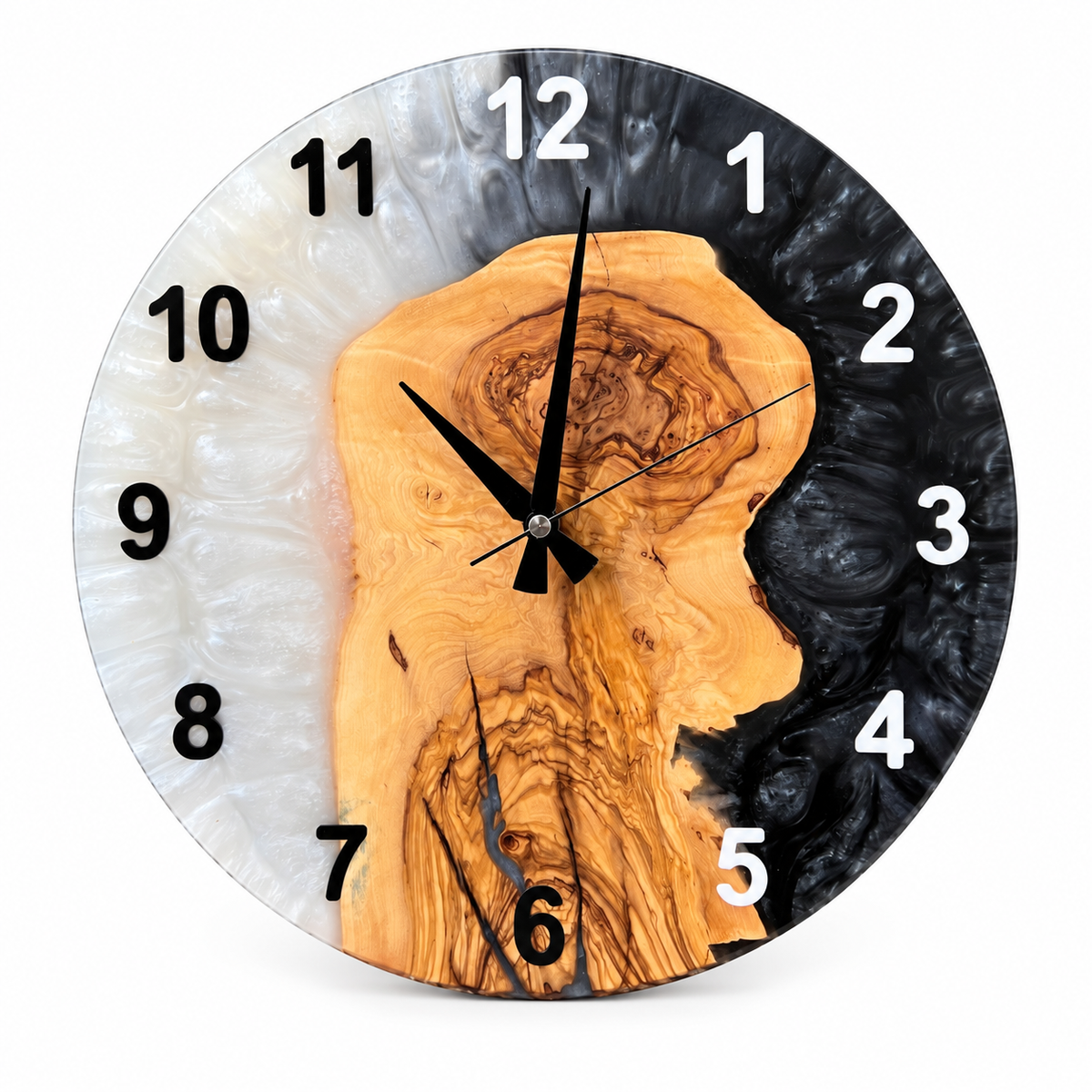 Monochrome Cove Olive Wood & Resin Wall Clock in black and pearly white on a white background