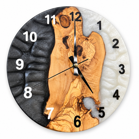 Monochrome Roots Olive Wood & Resin Wall Clock - full front view on white