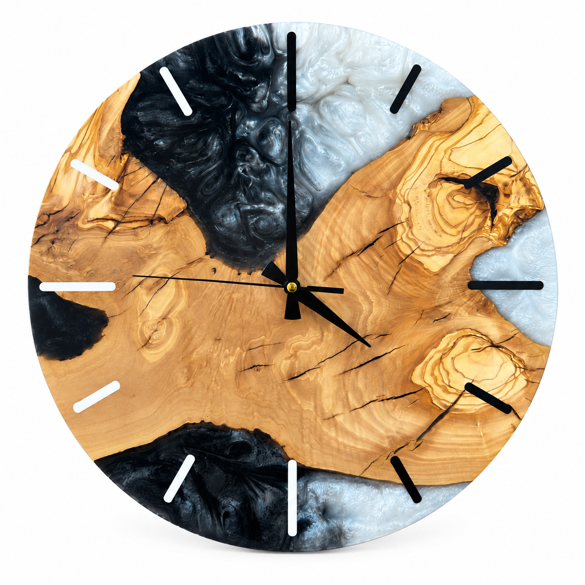 Monochrome Sunburst Olive Wood & Resin Wall Clock in black and pearly white on a white background
