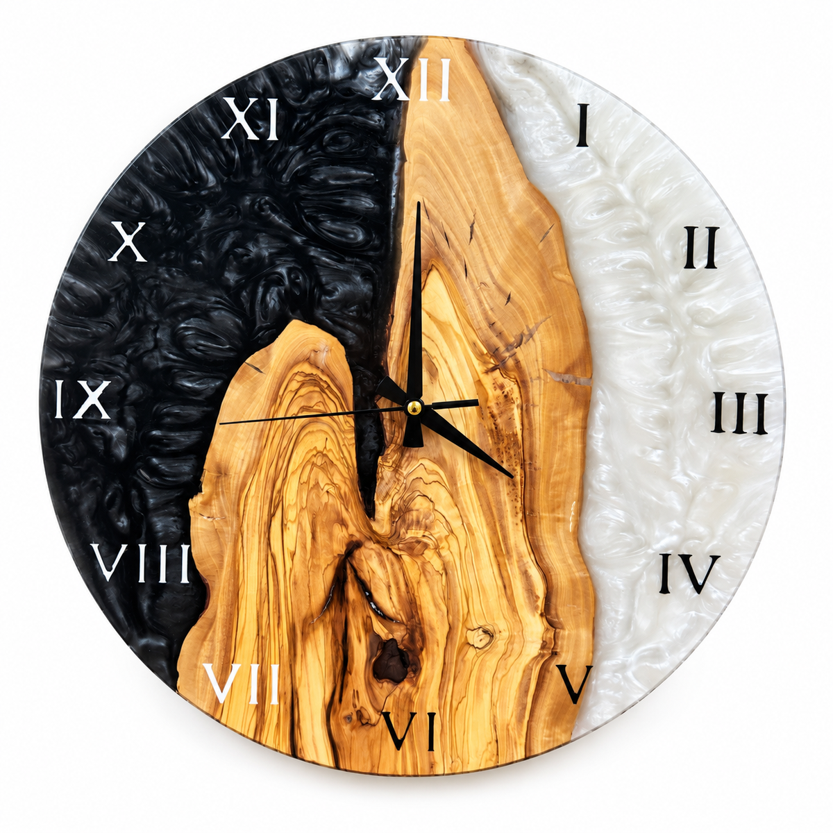 Obsidian Peak Olive Wood & Resin Wall Clock in black and pearly white on a white background