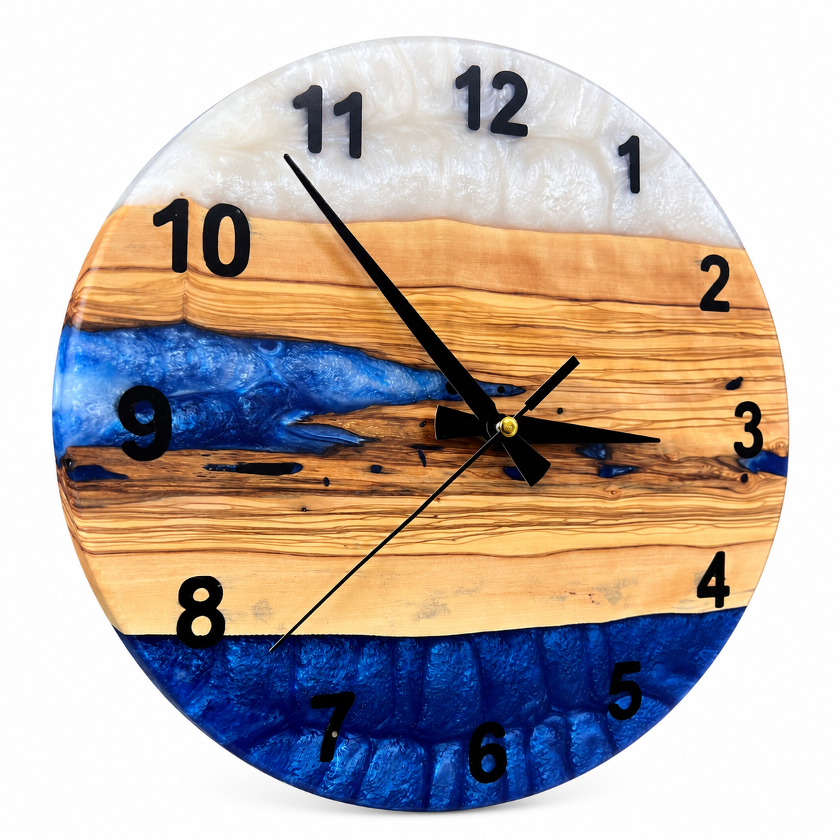 Ocean Inlay Olive Wood & Resin Wall Clock in blue and white on a white background