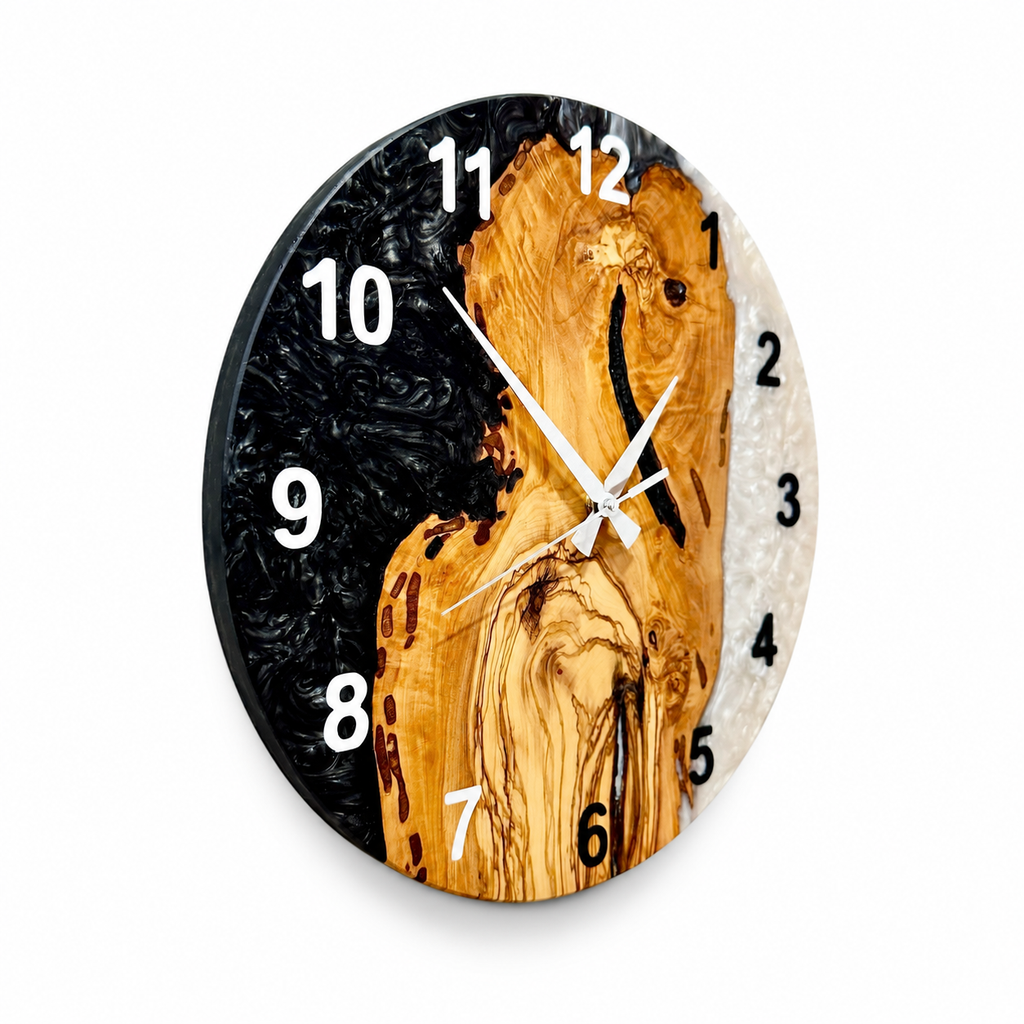 Black & White Olive Wood Resin Wall Clock - Figured Grain Design — product photograph, view 10
