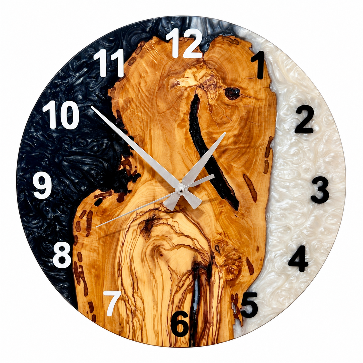 Black & White Olive Wood Resin Wall Clock - Figured Grain Design — full front view on white