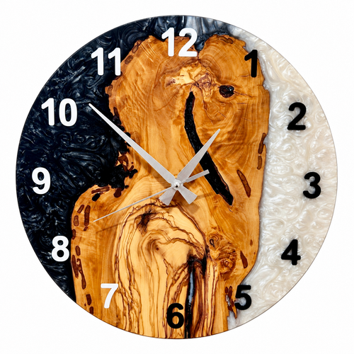 Black & White Olive Wood Resin Wall Clock - Figured Grain Design — full front view on white