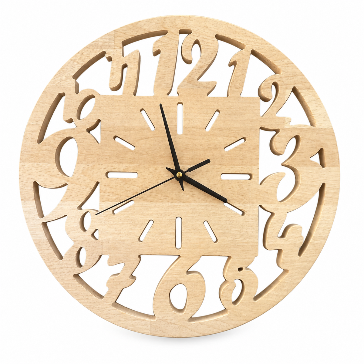 Openwork Numbers Wood Wall Clock in natural wood on a white background