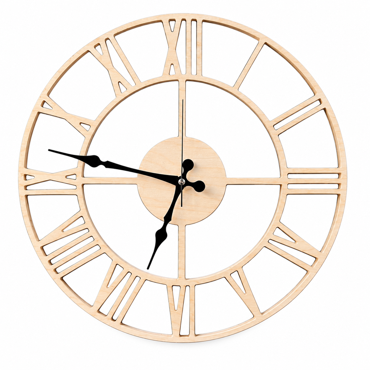 Openwork Roman Wood Wall Clock in natural wood on a white background