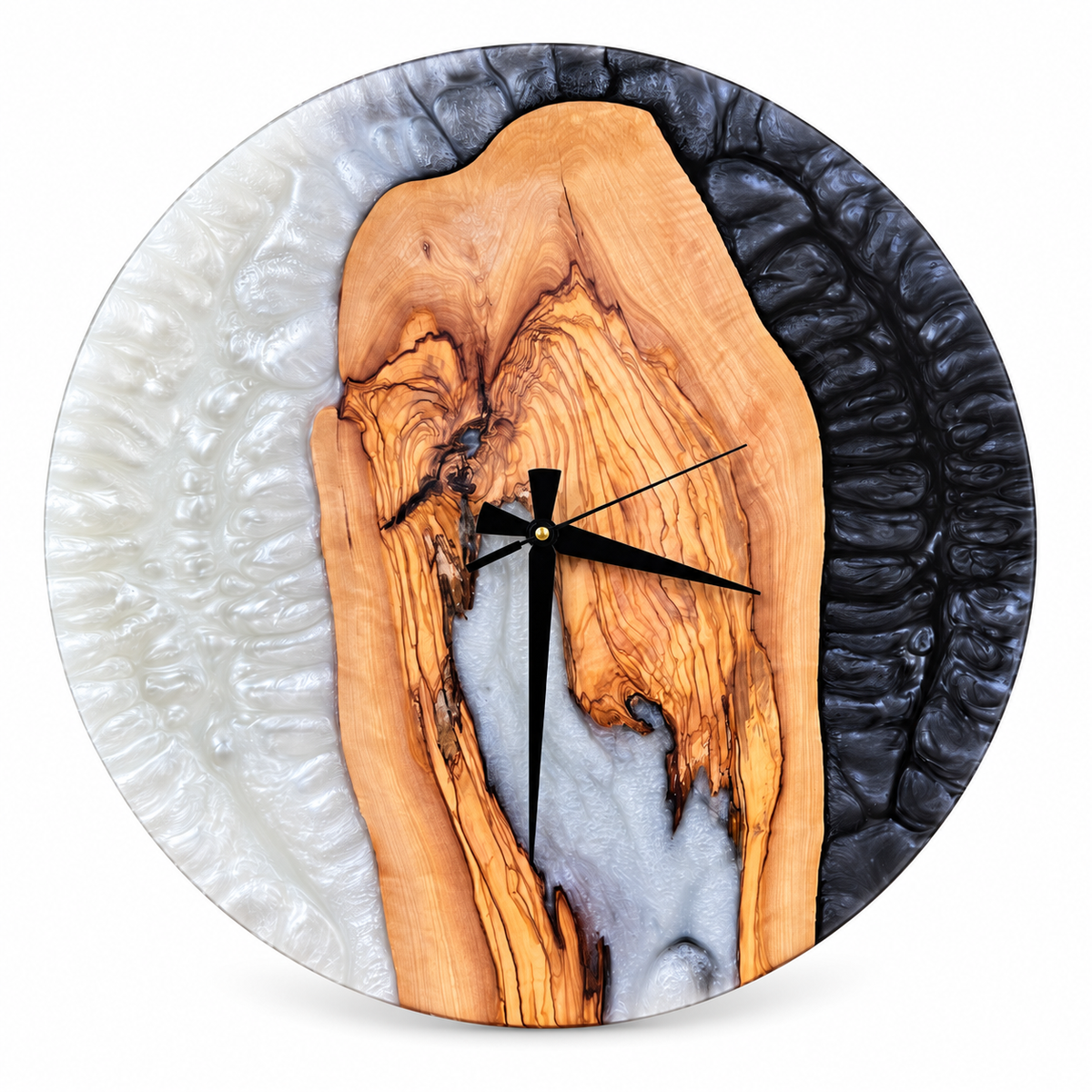 Pearl Arch Olive Wood & Resin Wall Clock in pearly white and charcoal on a white background