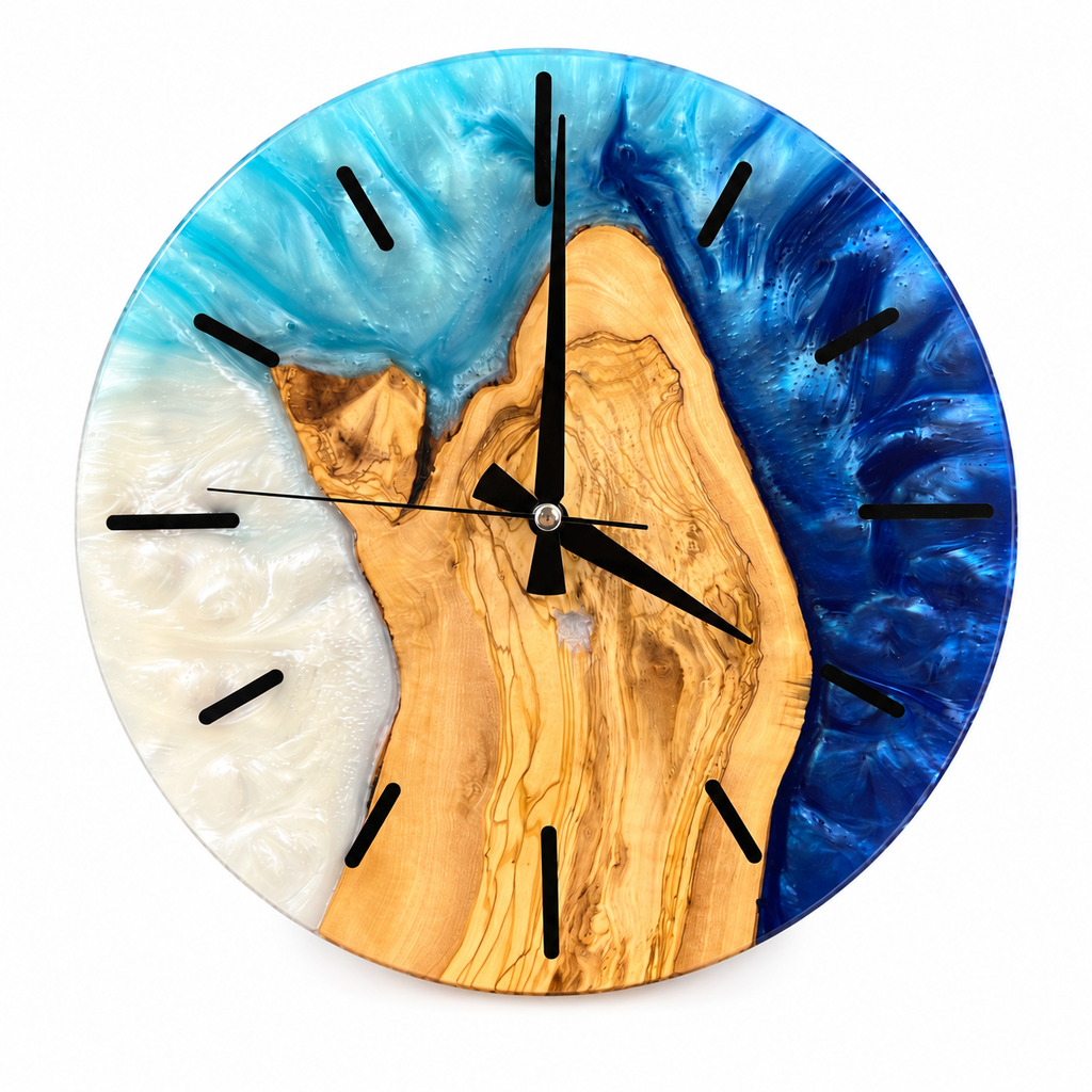 Pearl Blue Fjord Olive Wood & Resin Wall Clock — full front view on white