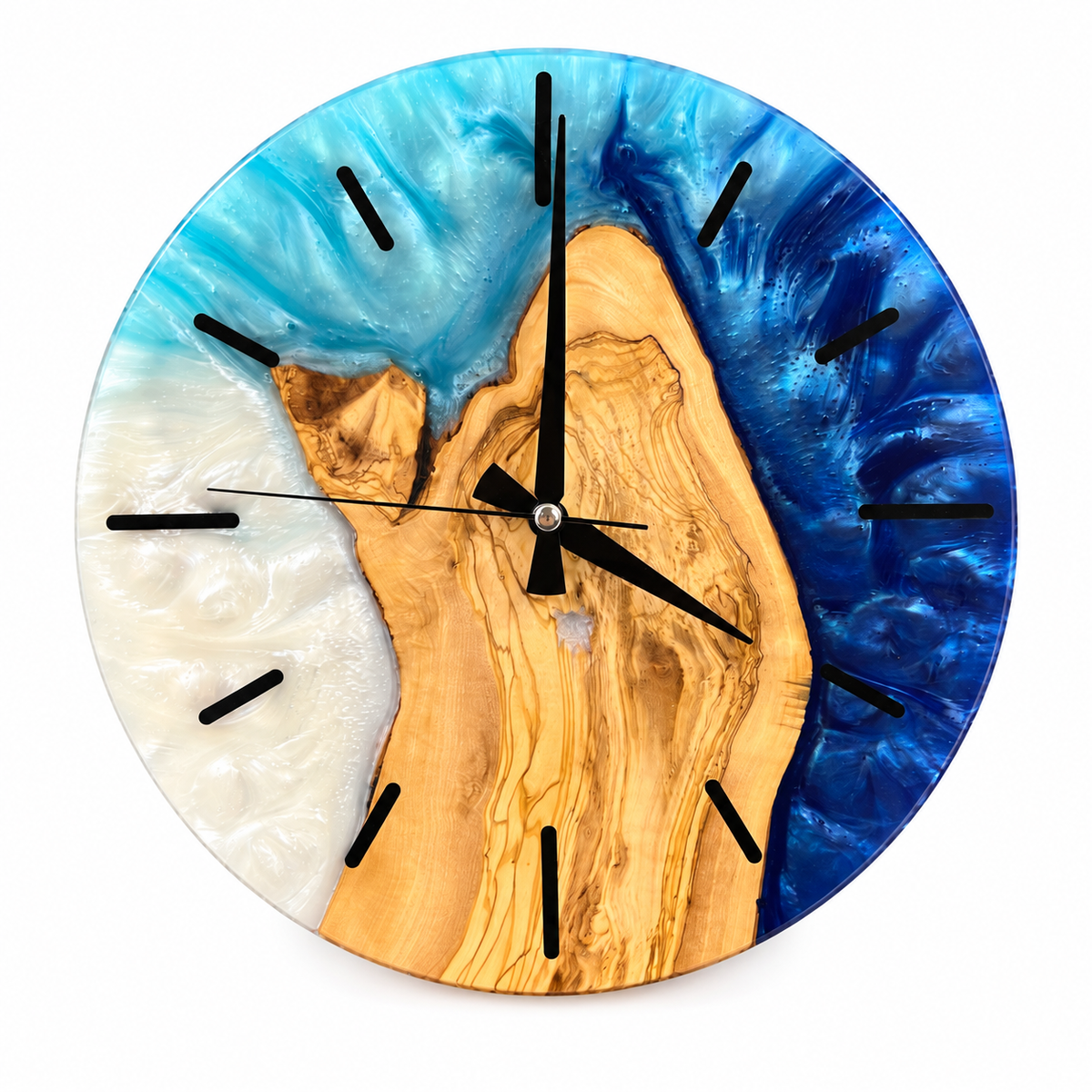 Pearl Blue Fjord Olive Wood & Resin Wall Clock in blue and pearly white on a white background