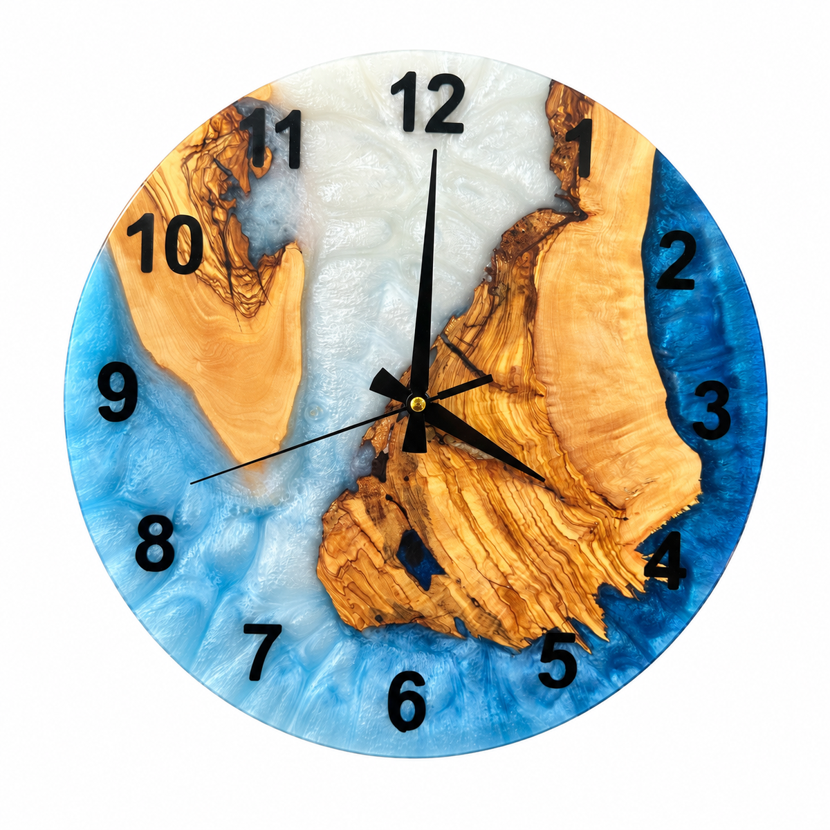 Pearl Blue Islands Olive Wood & Resin Wall Clock in blue and pearly white on a white background