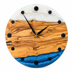 Pearl Horizon Olive Wood & Resin Wall Clock — full front view on white