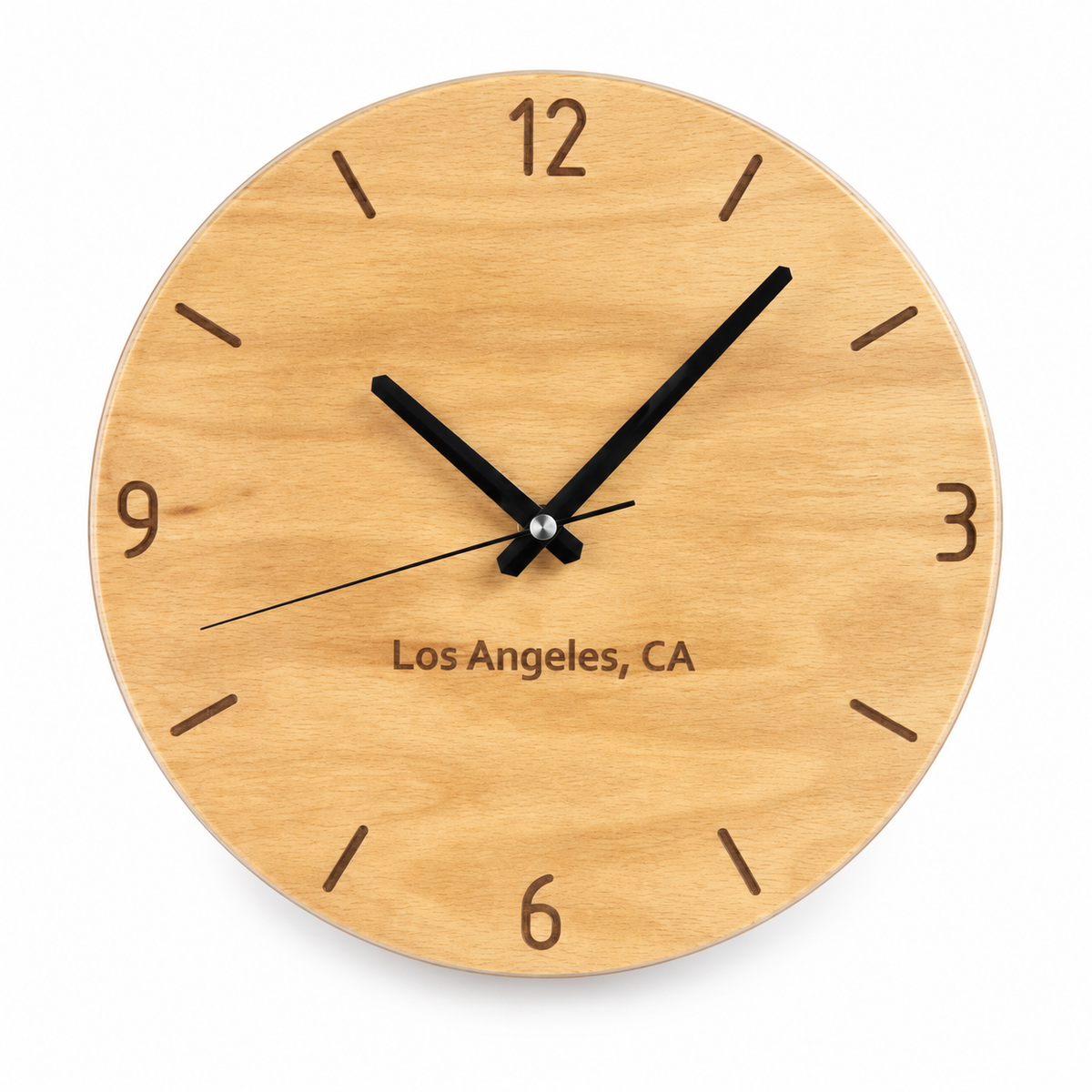 Personalised City Wood Wall Clock in natural wood on a white background