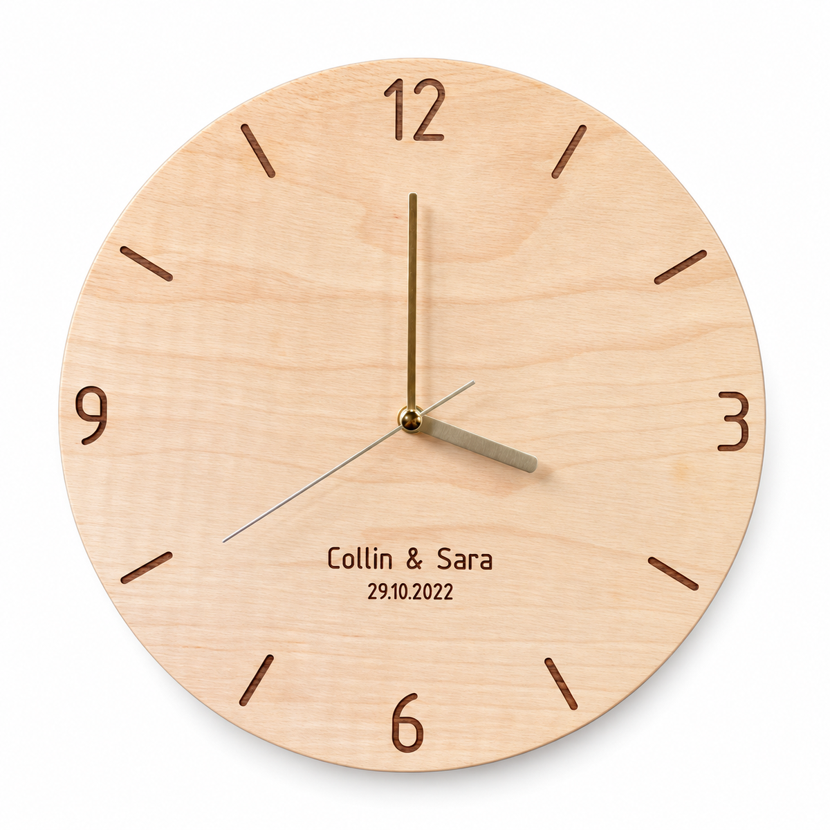Personalised Names & Date Wood Wall Clock — front view on white