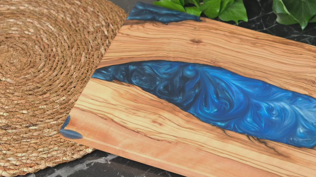 Deep Blue Swirl Resin Olive Wood Serving Board - product video