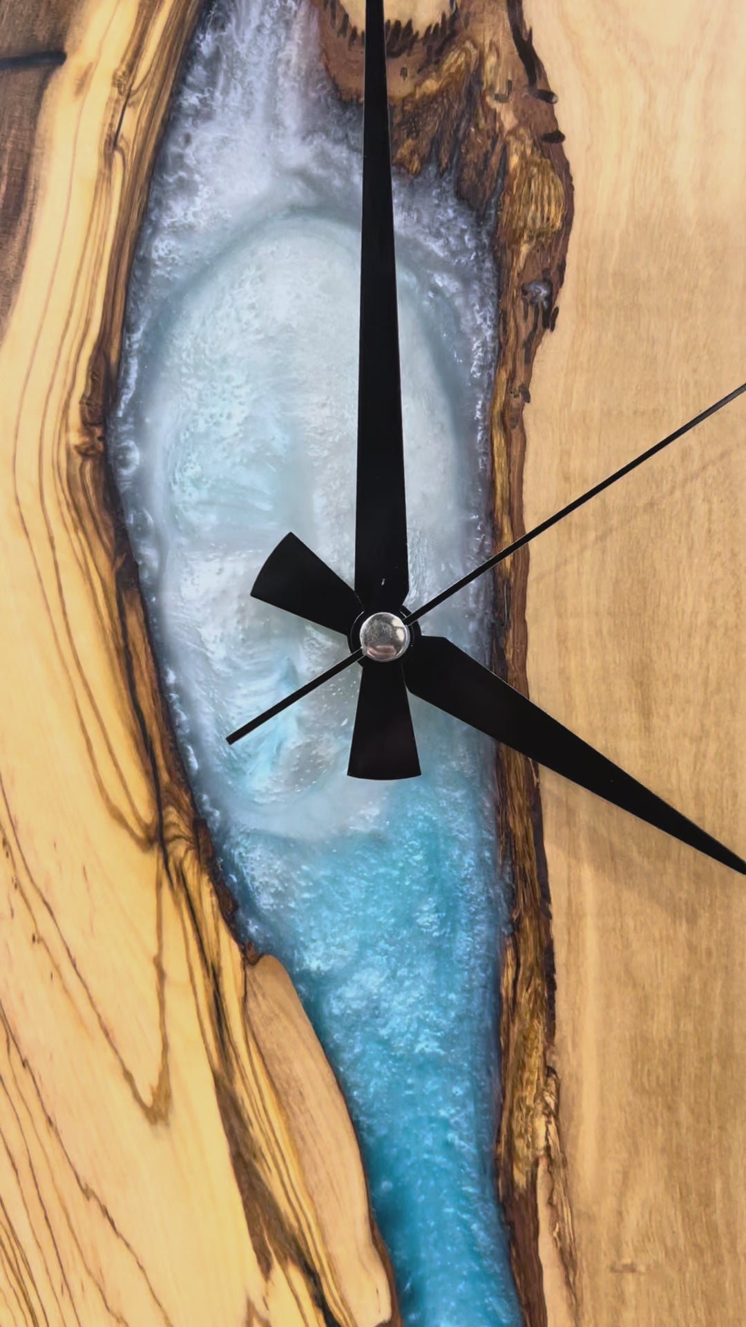Silver Blue Channel Olive Wood & Resin Wall Clock — product video 1