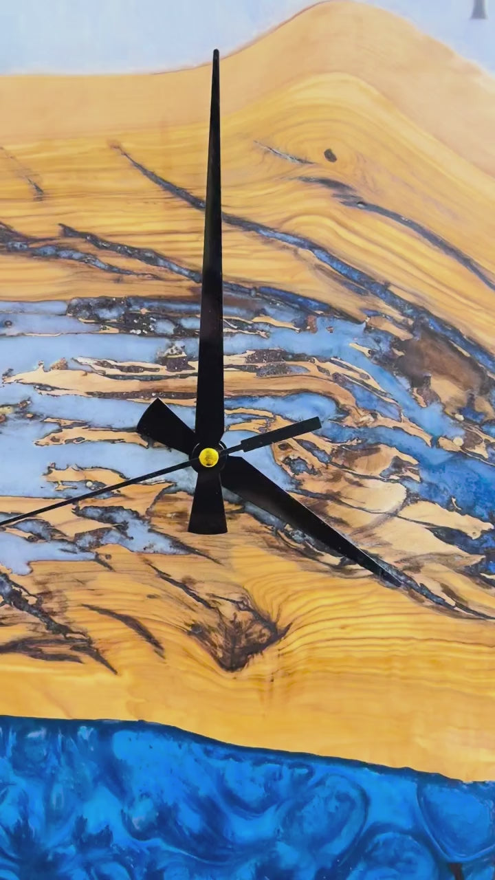Roman Blue Drift Olive Wood & Resin Wall Clock — product video 1