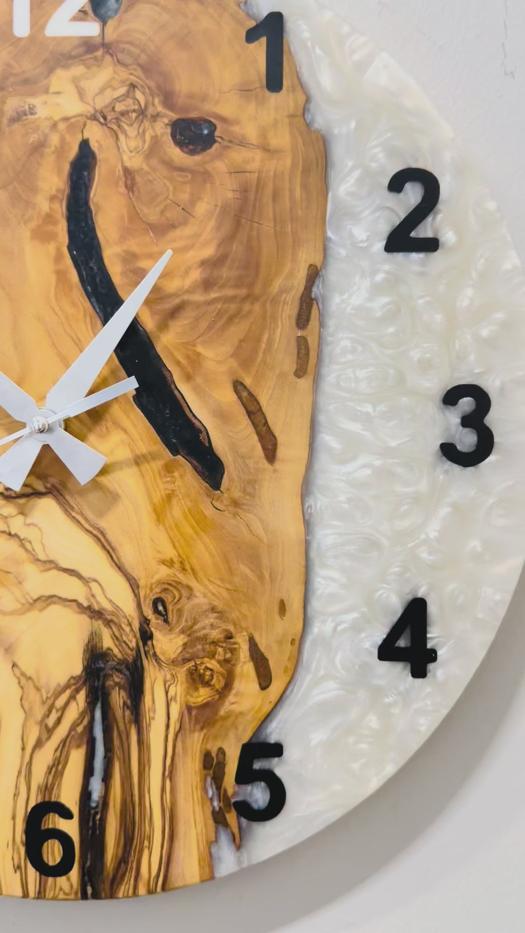 Black & White Olive Wood Resin Wall Clock - Figured Grain Design - product video