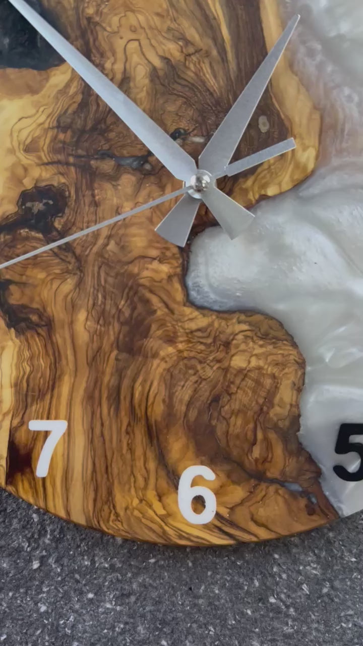 Black & White Olive Wood Resin Wall Clock - Natural Edge Design - product video