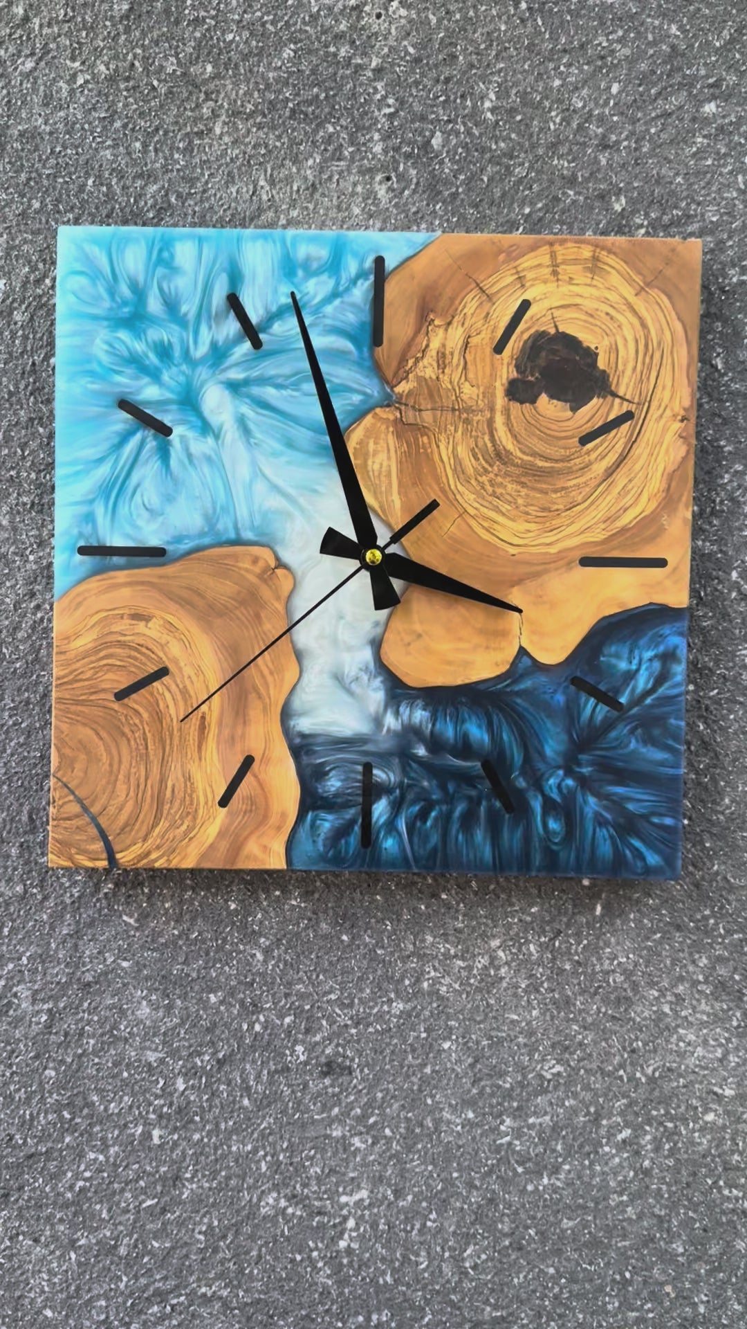 Square Blue Islands Olive Wood & Resin Wall Clock — product video 1