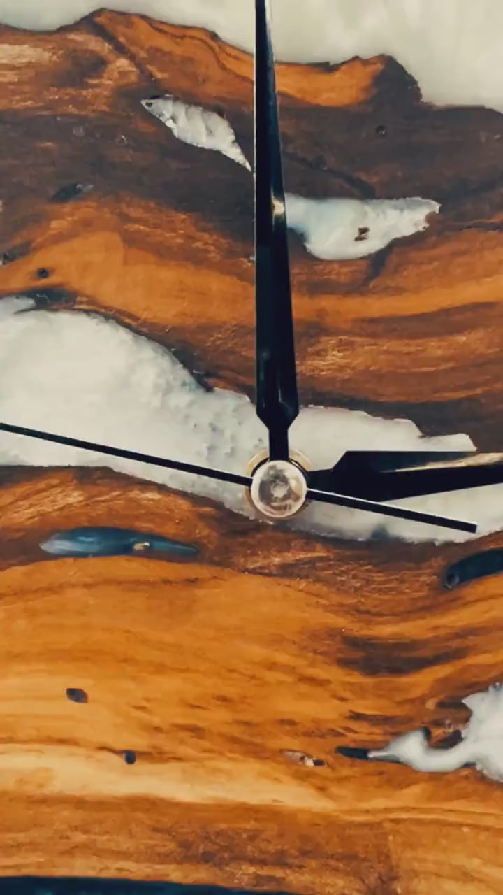 Custom Epoxy blue white toning & Olive Wood Wall Clock