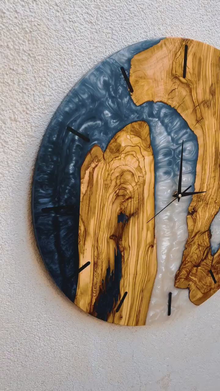 Blue olive wood and epoxy wall clock, unique gift