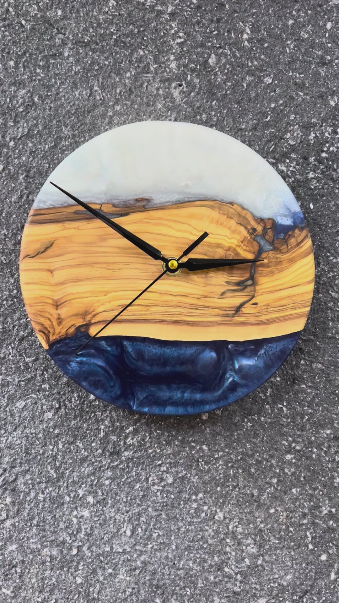 Deep Blue Horizon Olive Wood & Resin Wall Clock — product video 1