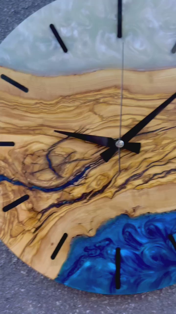 Blue & White Olive Wood Resin Wall Clock - Swirl Design - product video