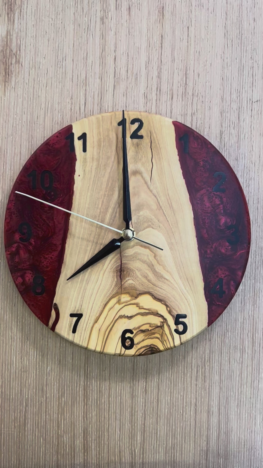 Burgundy Valley Olive Wood & Resin Wall Clock — product video 1