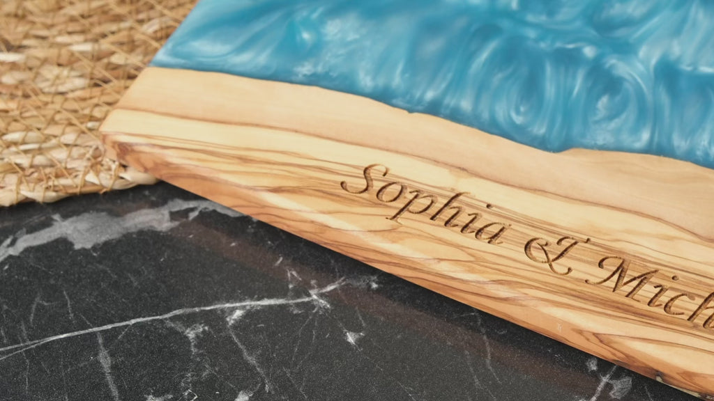 Personalized Turquoise Resin Olive Wood Serving Board - product video