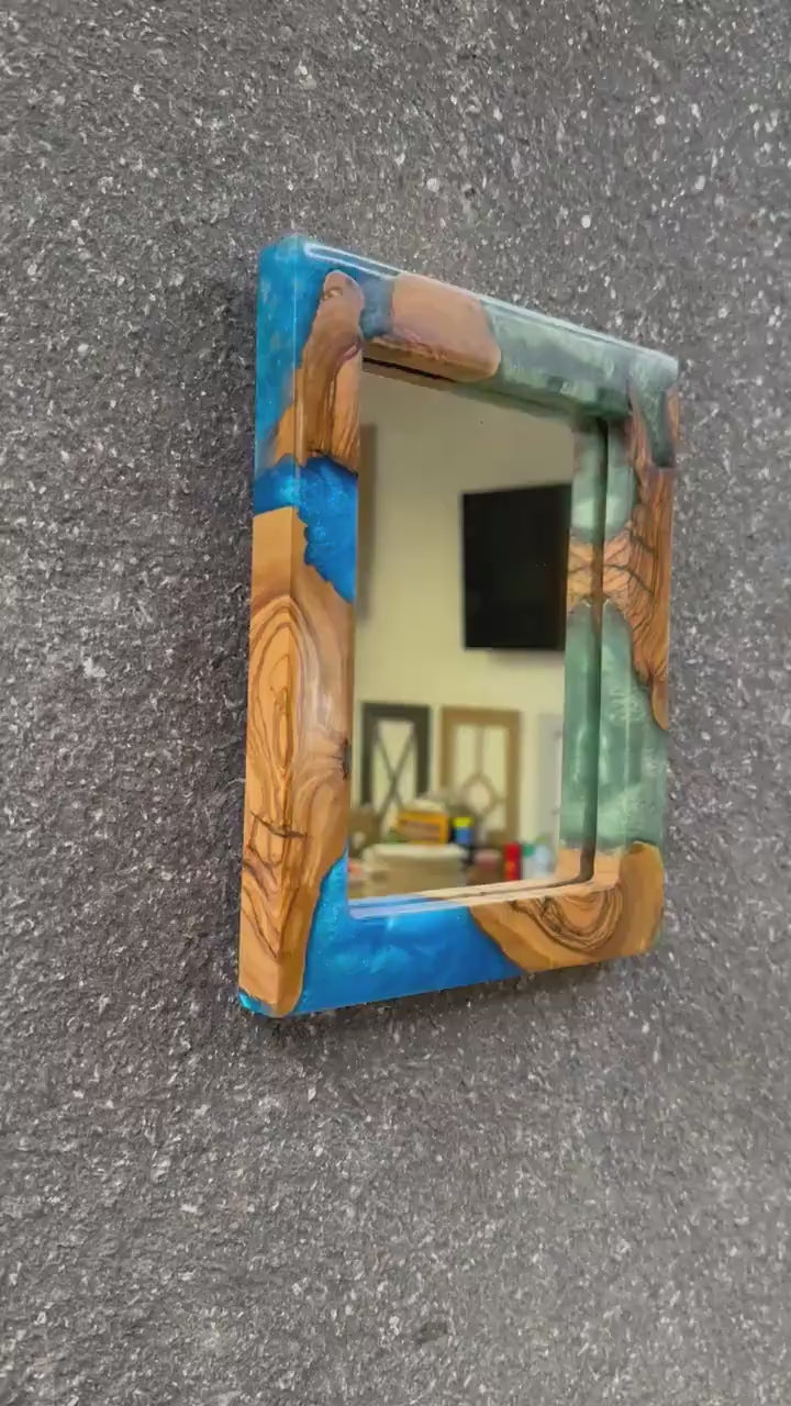 Epoxy and Olive Wood Frame Mirror, Modern Wall Decor