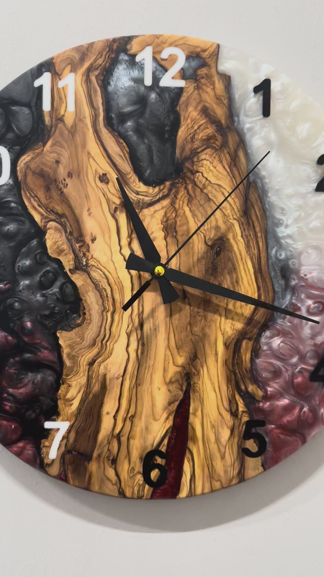 Black, Red & White Olive Wood Resin Wall Clock - product video