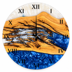 Roman Blue Drift Olive Wood & Resin Wall Clock — full front view on white